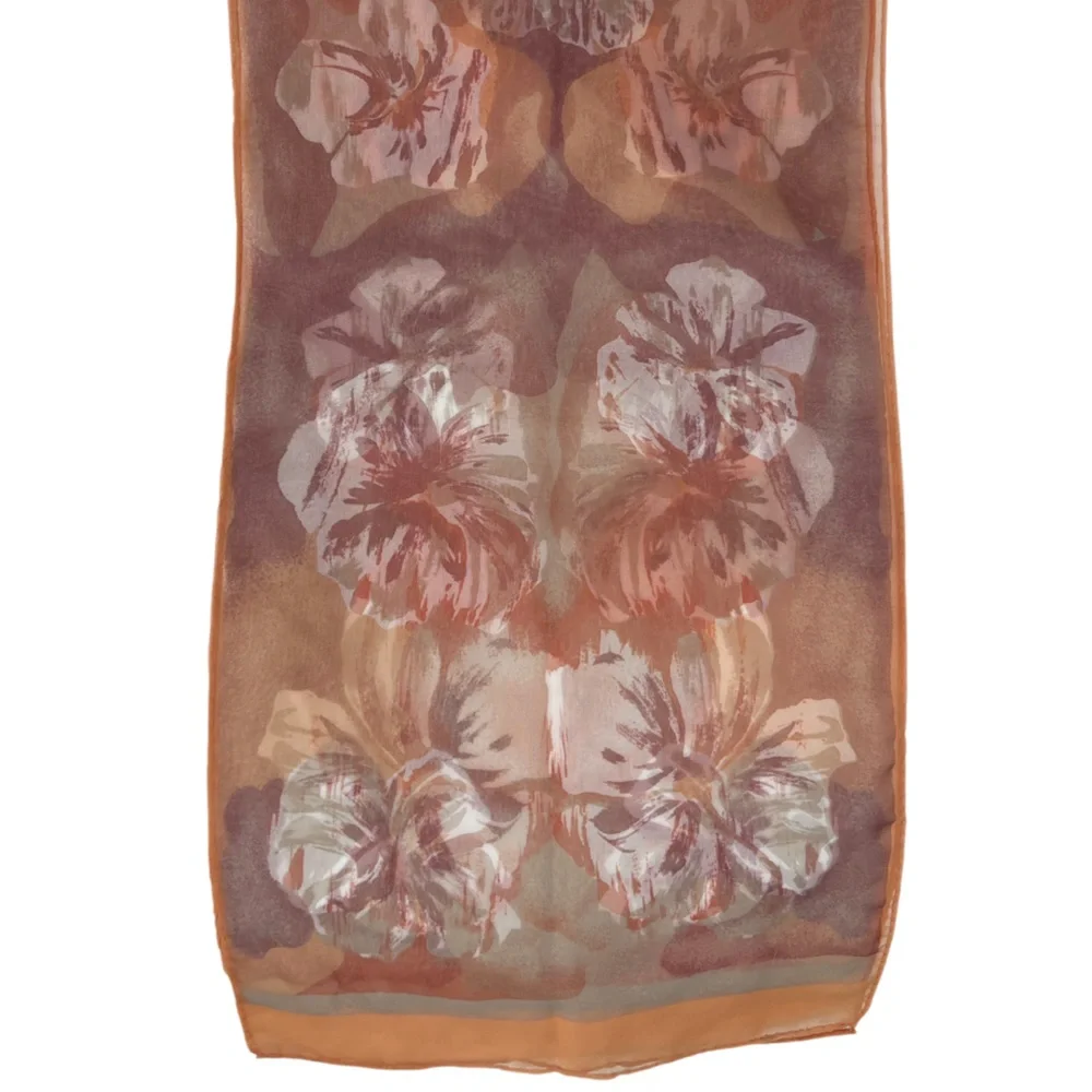 Vintage Silk Scarf Luxury Floral Botanical Print Hibiscus Flower Tan Coral Ivory